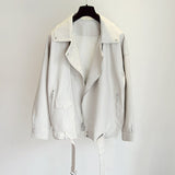 New Spring Women Loose Pu Faux Leather Jacket with Belt Streetwear Moto Biker Black Coat BF Style Oversized