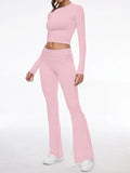 Long Sleeve Cropped Top Fold-over Flare Pants Set-Outfit