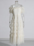 French Elegant Wind And Wood Ear Design Shoulder Dress 2025 Summer New Mesh Wave Dot Long Dress