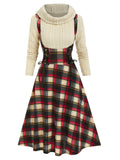 in 1 Plaid Print Off The Shoulder High Low Dress S-5XL A Line Midi Long Sleeve Lace Up Female