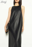 Spring Black Extra Long Faux Leather Tank Dress Autumn Elegant Stylish Backless Maxi Dresses for Women Clothing
