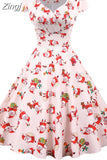Print Vintage Christmas Dress Women Winter Big Swing Elegant Short Sleeve V Neck Sexy New Year Party