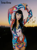Women Fashion Long Sleeve V Neck Printed Bodycon Mini Dress 2022 Spring Autumn Clothes Wholesale Items