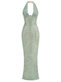 Halter Deep V Neck Sequin Maxi Dress- Outfit