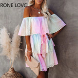 Women Slash Neck Gradient Off Shoulder Ruffles Dress Elegant Fashion Chic