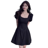 Women's Sweet Dress Square Neck Puff Short Sleeve Slim Sweet Fashion Versatile Dress Korean Version Solid