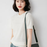 Zingj Female Round Collar Loose T-Shirt Inside Build Sweater Spring Autumn Base Outside Wear Short Sleeve Hair-Outfit