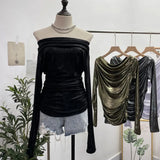 Real Shooting Stacking Long-Sleeved Pile Folded Shoulder T-Shirt Metal-Sclide T-Shirt
