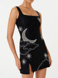Sequins Printed Sling Mini Dress Women Backless Sleeveless Slim Splited A-line Dresses 2024 Fashion Lady Party