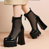 New Super High Heel Fashion Net Boots Women Flock Platform Zipper Ankle Boots Spring Summer Thick Heel Round Toe