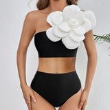 One-Shoulder Three-Dimensional Flower High-Waisted Solid Color Split Swimsuit Woman 2025 New
