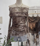 Real Shot Shoulder Strap Tie Dyed Net Shawl Shirt T-Shirt T-Shirt T-Shirt Design Folded Long-Sleeved T-Shirt