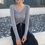 Sexy lace up knitting pullover top Fashion autumn winter sweater women Chic pink V-neck knit slim jumper pull