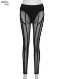 Sexy See Through Mesh Leggings Women Trend Striped Patchwork Briefs Waistband Fitness Pencil Trousers Female
