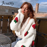 Elegant Strawberry Decoration Christmas Cardigan Sweaters for Women Girls' Single Breasted Loose V-Neck Coat Clothing