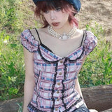 Contrast Color Y2k Aesthetic Plaid Shirt Fashion Bandage Lace Slim Blouse Streetwear Grunge Blusas Mujer De