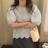 Chic Embroidered Flowers Blouses Women Summer Puff Short Sleeve Loose Simple Shirts Tops New Female Casual Clothes