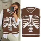 Skull Print V Neck Oversized Sweater Harajuku Casual Loose Knitted Top Pullovers Korean Punk Ladies Jumper