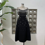 High-End Noble Chic Hand Nail Drill Heavy Industry Waist-Mear Dress Chaebol Chaebol Gold Cold Light Wind Long