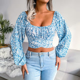 Women T-Shirt Print Color Lantern Sleeve Sexy Beach Style On Holiday Crop Top Chiffon Butterfly OL Female Blouse