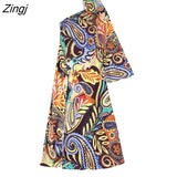 Women Vintage One Shoulder Paisley Totem Floral Print Split Midi Dress Female Chic Long Sleeve Slim Court Vestidos