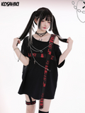 Harajuku T-shirts Women Cross Chain Top Tee Loose Off Shoulder Fashion Tshirts Patchwork Y2k Aesthetic Grunge T