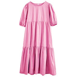 White Cotton Puff Sleeve Dress Woman Summer Midi Dress Short Sleeve Cascading Ruffles Blouses