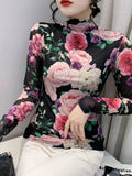Winter High Neck Fashion Printed Thick Mesh Long Sleeve T-shirt Women Slim Trendy T Shirts Fashion Floral Top For