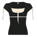 Lace Patchwork Square Neck Short Sleeve TeeOutfit