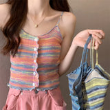 Women Fungus Buttons Cropped Tanks Tops Girls Knitted Sweet Chic Slim Thin Tee shirts Camis Crop Top for Female