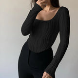 2024 Early Autumn New French Design Feeling Folded U Collar Simple Solid Color Long Sleeve Top Lady