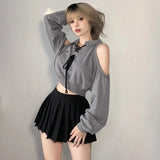 Spice Girl Vintage Straps Hollowed Out To Show Thin Polo Collar Long-Sleeved Hoodie Girl Beware Of Shoulder-Exposed