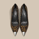 New Small Design Metallic Iron Head Leopard Tip High Heel Shoes Shallow 10 Cm Fine Heel Single Shoes