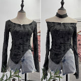 Pink Butterfly Hanging Neck To Make Old Hole Long-Sleeved T-Shirt Hottie Slanted Shoulder Slim Short Blouse