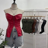 Real Shooting Hottie Retro Tender With Chest Pad Wrapped Bra Zipper Design Smear Bra Vest Short Sleeveless Top