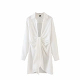 2023 new Autumn and fit open front turn-down collar full sleeves pleasted no buttons shirt dress female sexy
