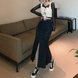 Vintage Black Denim Mermaid Skirt Women High Waist Slim Split Long Skirts Sexy Korean Fashion Elegant Causal