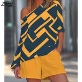 Women Two Piece Suit Geometric Print Loose Casual Top & Shorts Set Summer Holiday Womens Clothings Beach Wear Tracksuits