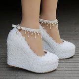 Lace Wedding Shoes Slope Heel Single Shoe Buckle With Slope Heel Waterproof Table Large Size Shoes