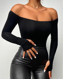 Summer Women Clothing Daily Wear Black T-shirts Elegant Cold Shoulder Long Sleeve Skinny Casual