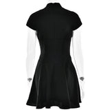 Short Sleeve Satin Hollow Out Mini Dress- Outfit