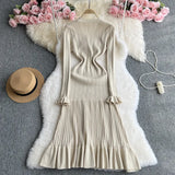 Zingj Fragrant Wind Dress Women's Autumn And Winter Versatile Advanced Sense V-Collar Metal Buckle Slim Show Thin Flounce Knit