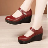 2021 Spring Leather Shoes Women Platform Wedges Shoe High Heels Round Toe Comfortable Black Women Pumps Large Size