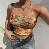Floral Print Mesh Sexy Halter Top Women Lace Up Sexy Backless Tanks Camis Tops Tees 90s Frill Sleeveless