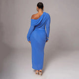 Draped Off-Shoulder Long Sleeve Top And Maxi Skirt Set- Outfit
