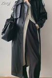 Autumn Long Oversized Black Faux Leather Trench Coat for Women Raglan Long Sleeve Double Breasted Brown Korean