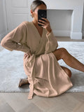 Knitted Women Dress Long Sleeve Bandage Fashion Khaki Soft Party Dress Women Clothing Autumn V-Neck Casual