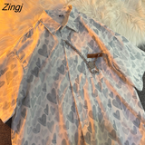 Women Colorful Sweet Heart-print Short Sleeve Chain Stylish Summer Turn-down Collar Candy Color Holiday Leisure Baggy