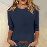 Zingj Women's Top With A Round Collar Seven-Sleeve Solid Color T-Shirt-Outfit