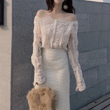 Fashion Women Lace Shirts Slash Neck Off Shoulder Long Sleeve Slim Lace Blouse Sexy Summer Top Femme Blusa
